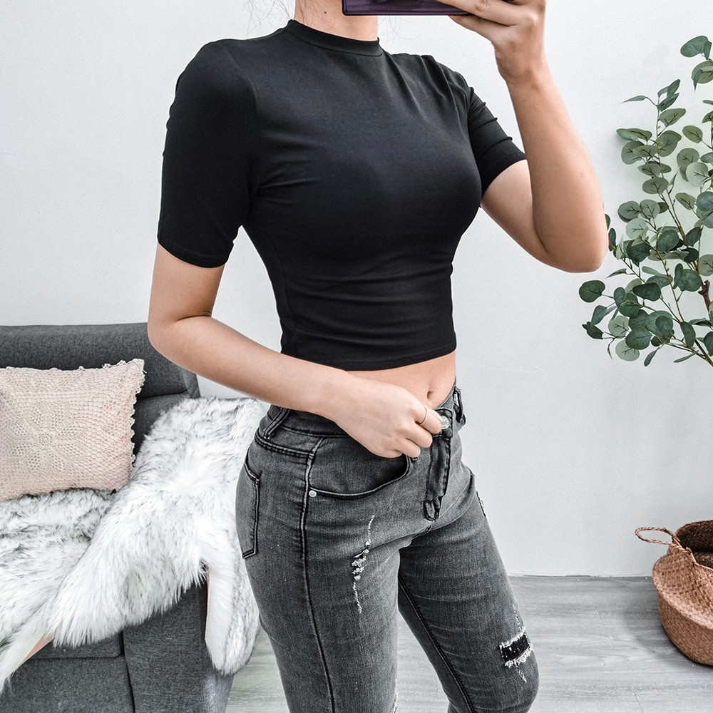Áo croptop bằng cotton tay ngắn đơn giản thời trang dành cho nữ | BigBuy360 - bigbuy360.vn