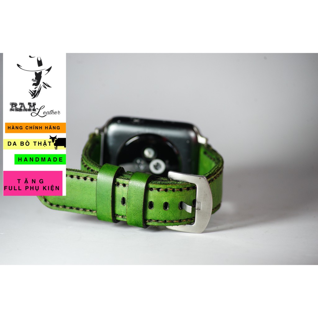 Dây đồng hồ da bò italia vegtan xanh lá cao cấp RAM Leather classic 1973 - tặng khóa chốt và cây thay dây
