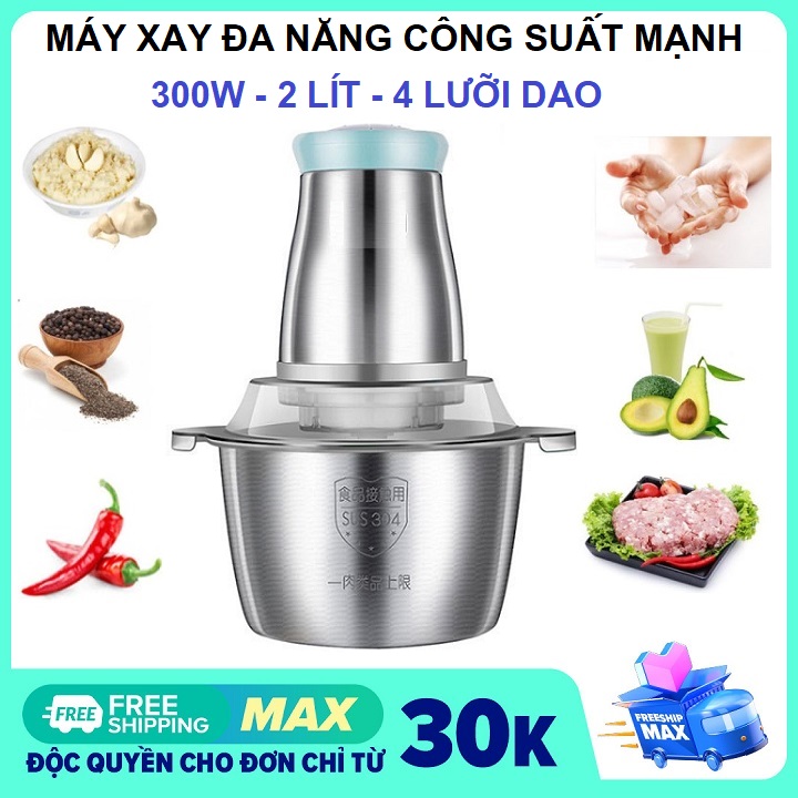 Máy Xay Đa Năng Cối Inox 304 Dày Dặn, Máy Xay Thịt Cá Cao Cấp Công Suất Lớn 300W, Máy Xay Ép Sinh Tố Hoa Quả Dung Tích 2