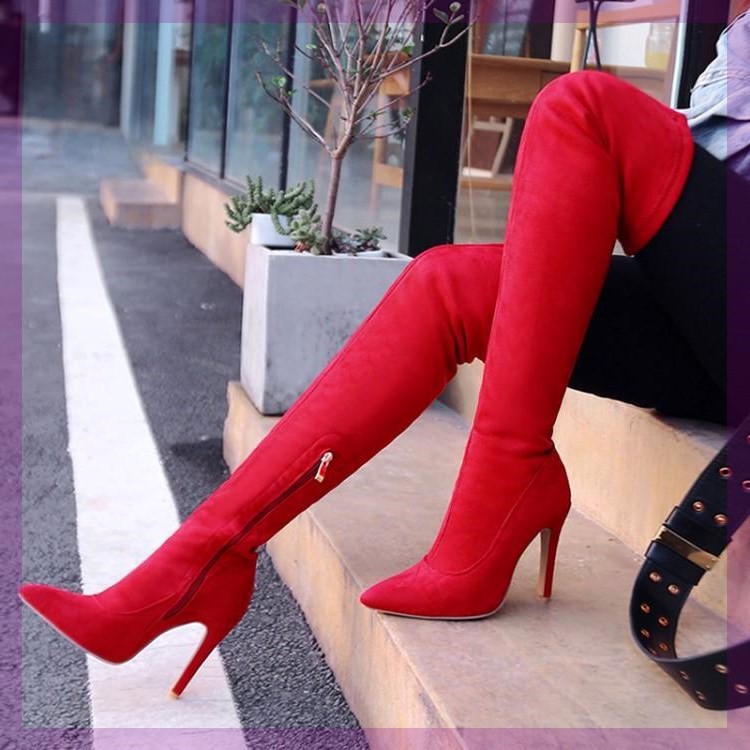 Boot đùi nữ da lộn màu đỏ THỜI THƯỢNG GCC0403