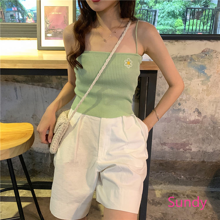 Áo Hai Dây Dệt Kim Mỏng Thêu Hoa Xinh Xắn Thời Trang Mùa Hè Cho Nữ