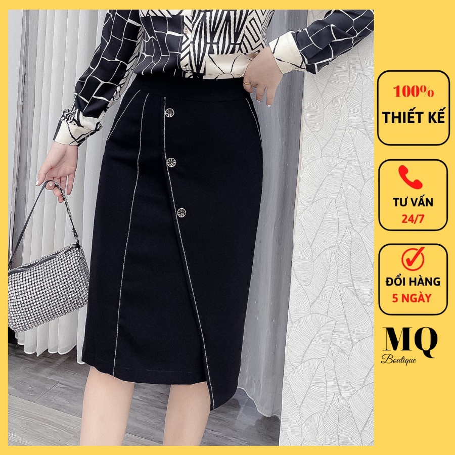 Chân váy bút chì vạt chéo dáng chỉ nổi đính 3 khuy dài dưới gối vải cao cấp công sở nữ váy thiết kế MQ BOUTIQUE