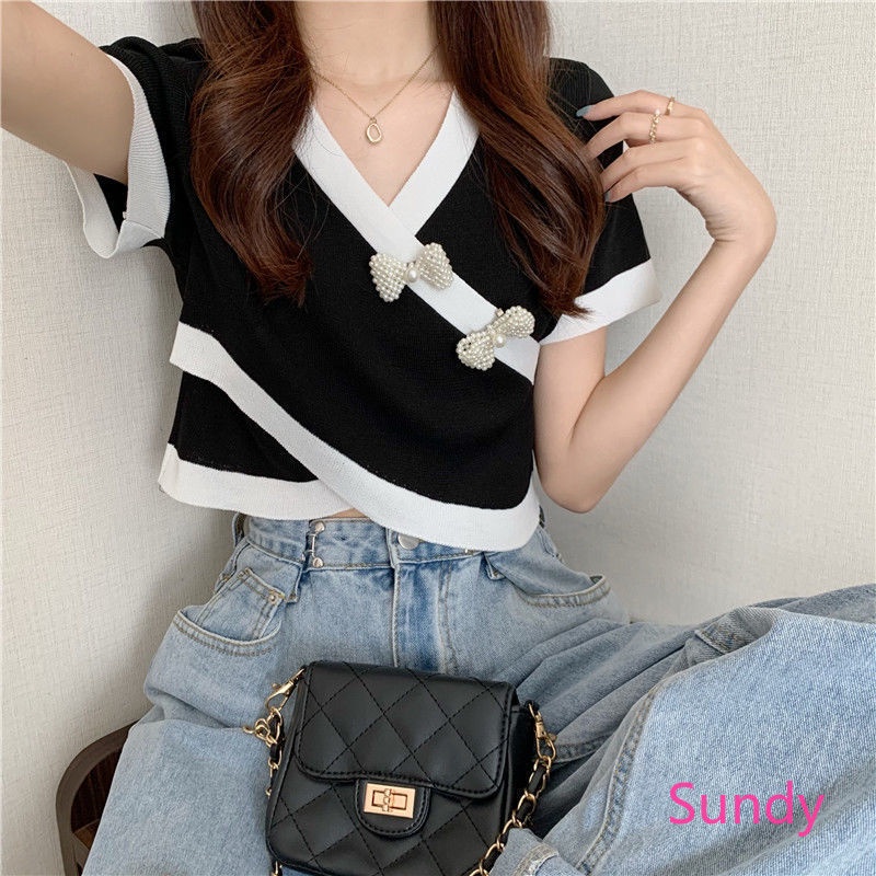 Áo croptop tay ngắn cổ chữ v phối nơ thời trang mùa hè cho nữ