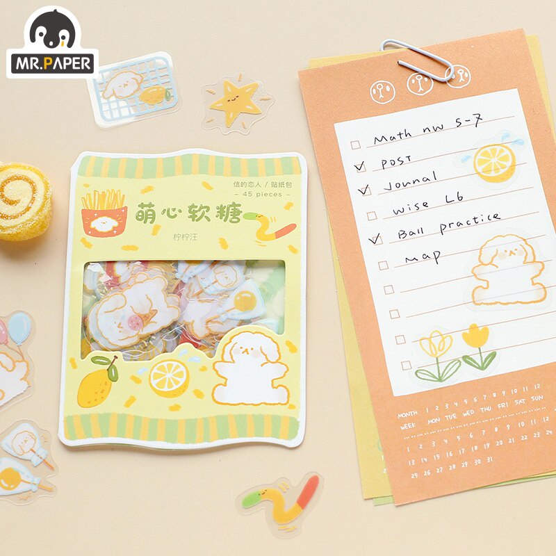 Túi 45 miếng dán trang trí DIY Mr.Paper mềm mại 6 phong cách hoạt hình tùy chọn sáng tạo