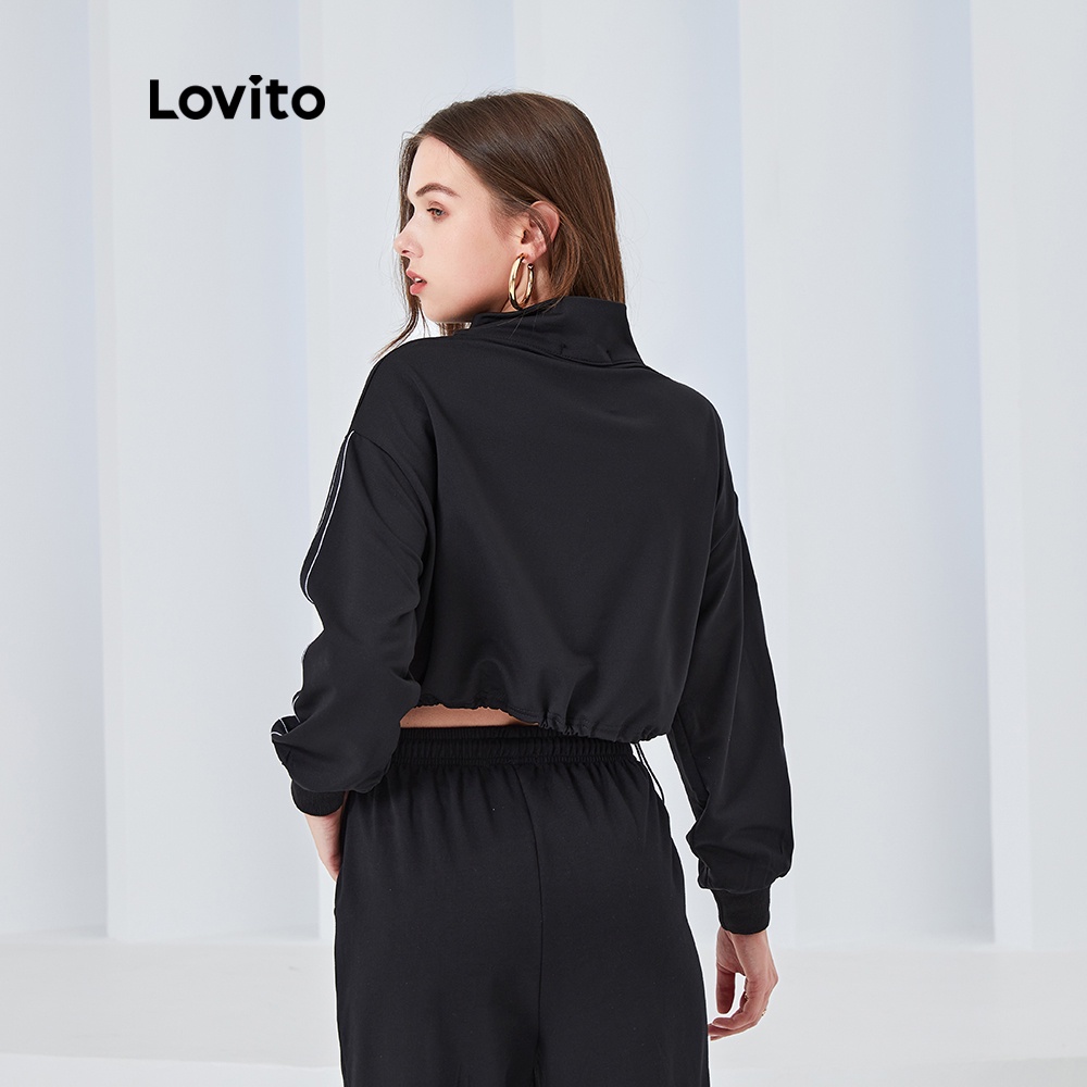 Áo sweatshirt thể thao Lovito dáng rộng dây rút có khoá kéo in họa tiết chữ L04072 (màu đen) | BigBuy360 - bigbuy360.vn