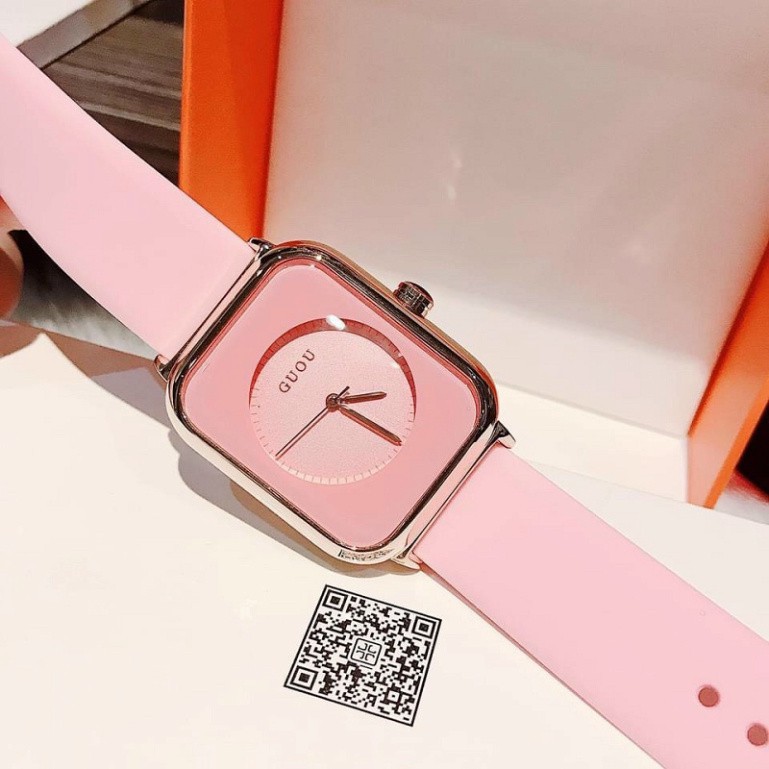 Đồng hồ nữ đeo tay đẹp GUOU cao cấp  thời trang mặt vuông dây cao su chống nước freeship DHN 07 | BigBuy360 - bigbuy360.vn