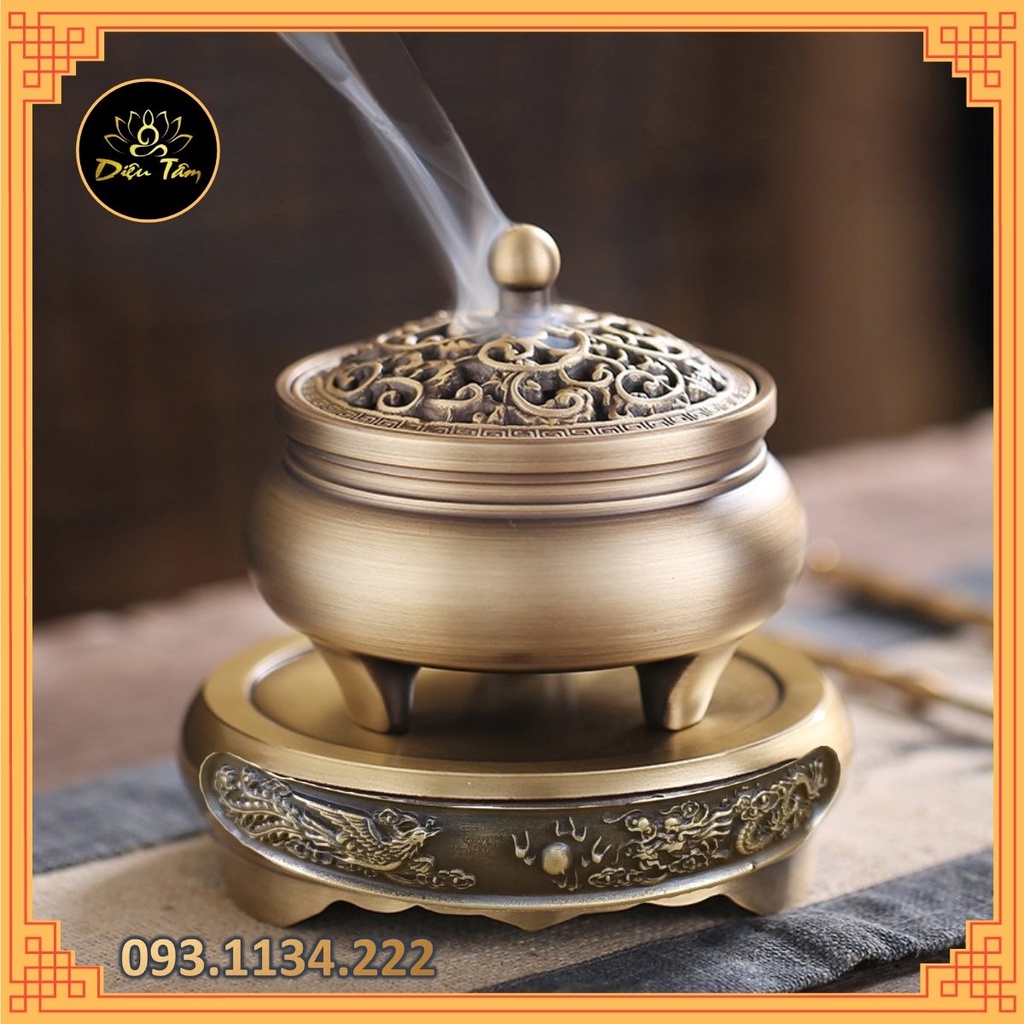 Lư xông trầm hương bằng đồng nguyên chất khắc rồng phượng tặng nhang vòng/ trầm nụ/ trụ cắm