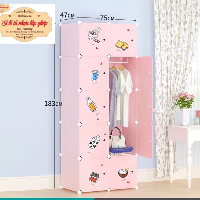 Tủ nhựa ghép- TỦ QUẦN ÁO 10 Ô SÂU 47cm. Thân hồng cửa đồ ăn siêu cute. Tặng kèm 2 treo đồ.