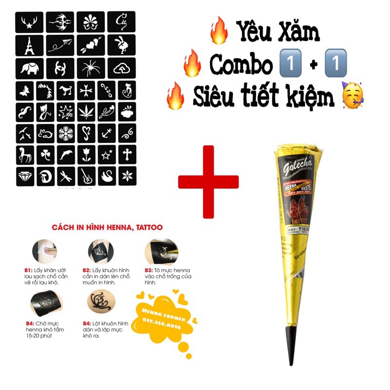 [YÊU XĂM] COMBO Mực vẽ (mực xăm) henna + Khuôn SIÊU ƯU ĐÃI