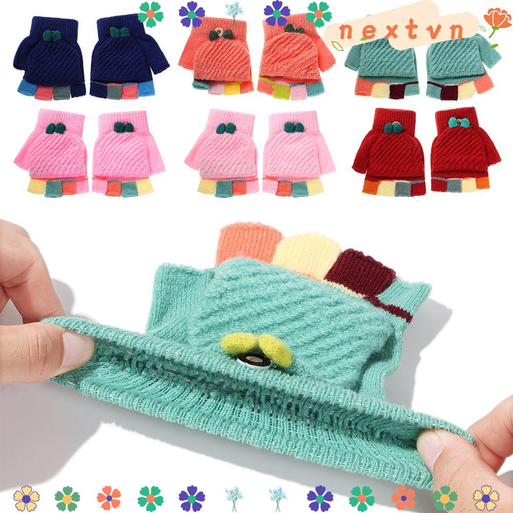 Găng Tay Dệt Kim Hở Ngón Dày Dặn Giữ Ấm Mùa Đông In Họa Tiết Hoạt Hình Nhiều Màu Dễ Thương Cho Bé