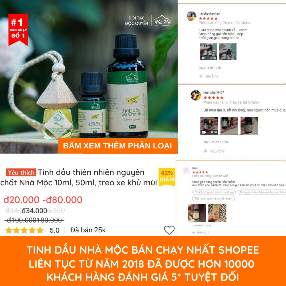 Tinh dầu thiên nhiên nguyên chất Nhà Mộc chai treo xe khử mùi, tạo hương thơm thư giãn