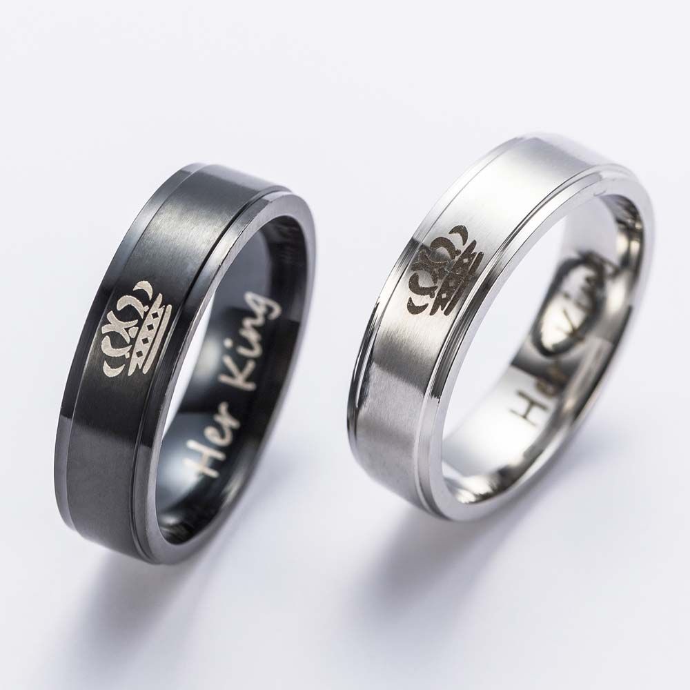 Nhẫn Đôi Hình Vương Miện Bằng Thép Không Gỉ Màu Đen Đơn Giản Phong Cách Hàn Quốc