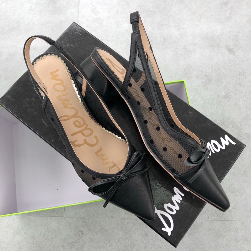 Giày búp bê mũi nhọn có quai đính nơ nhỏ gót 4cm da thật cao cấp thương hiệu Sam Edelman