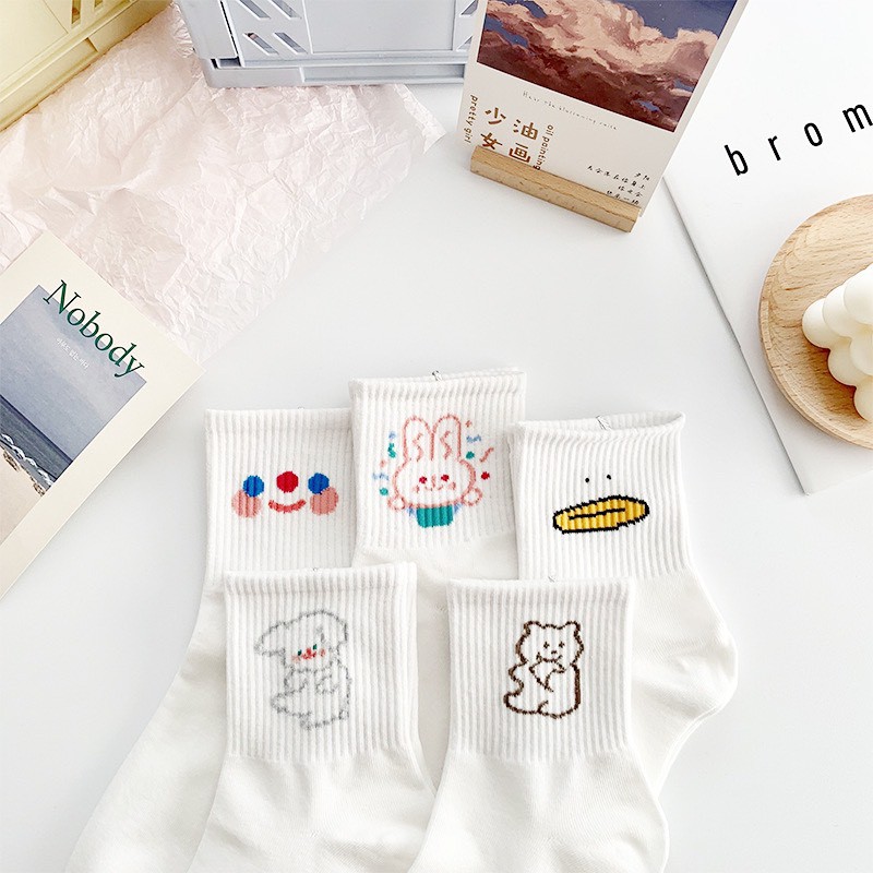 Freeship Tất Vớ Nữ Nam Hoạt Hình Màu Trắng Họa tiết Cute Dễ thương Hot Trend Chất Liệu Cotton Mềm Mịn Hàng Taobao Có Sẵn