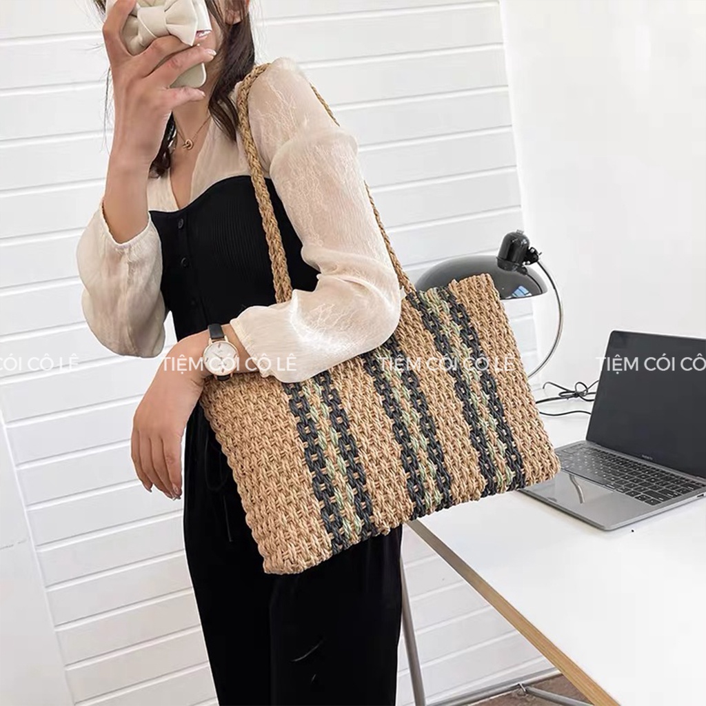Túi cói đi biển cỡ lớn họa tiết sọc cổ điển - Tiệm Cói Cô Lê