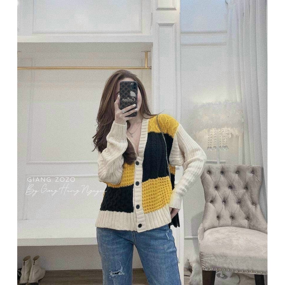 Áo cadigan pha ô vuông