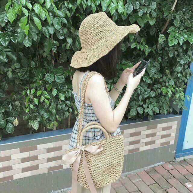 Túi cói buộc nơ vintage