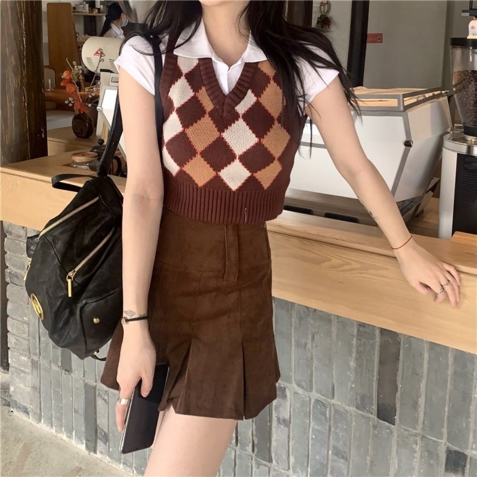 Áo Dệt Kim Cổ Chữ V Màu Sắc Tương Phản Phong Cách Retro Cho Nữ