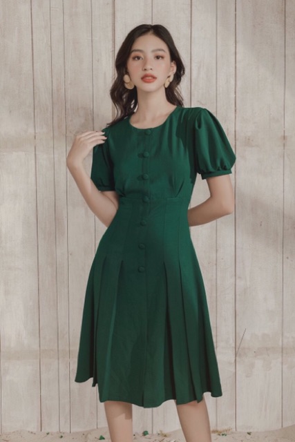 Đầm váy xanh lính cổ tròn