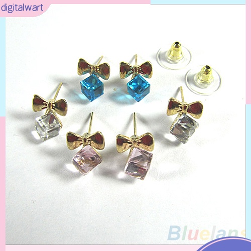 Cặp khuyên tai hình nơ đính đá quý nhân tạo khối vuông nhiều màu sắc trẻ trung cá tính dành cho nữ