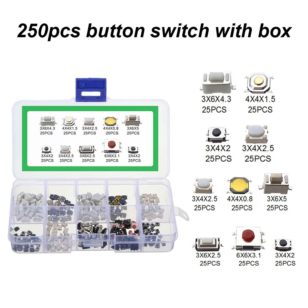 10 Types 250 Pcs Tactile Push Button Touch Switch Remote Keys Microswitch