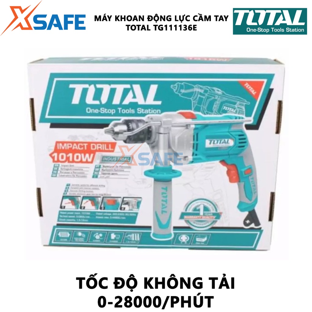 Máy khoan búa cầm tay TOTAL TG111136E công suất 1010W, tốc độ 2800rpm, khả năng khoan 13mm, có chỉnh tốc, đảo chiều