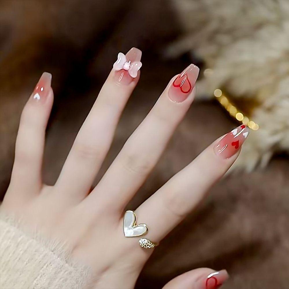 Bộ 24 Móng Tay Giả Trái Tim Nơ Bao Phủ Toàn Diện