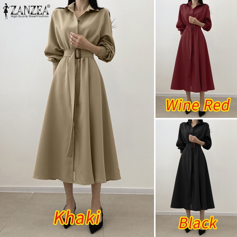 Đầm Zanzea tay dài cài nút có thắt lưng màu trơn phong cách cổ điển thanh lịch