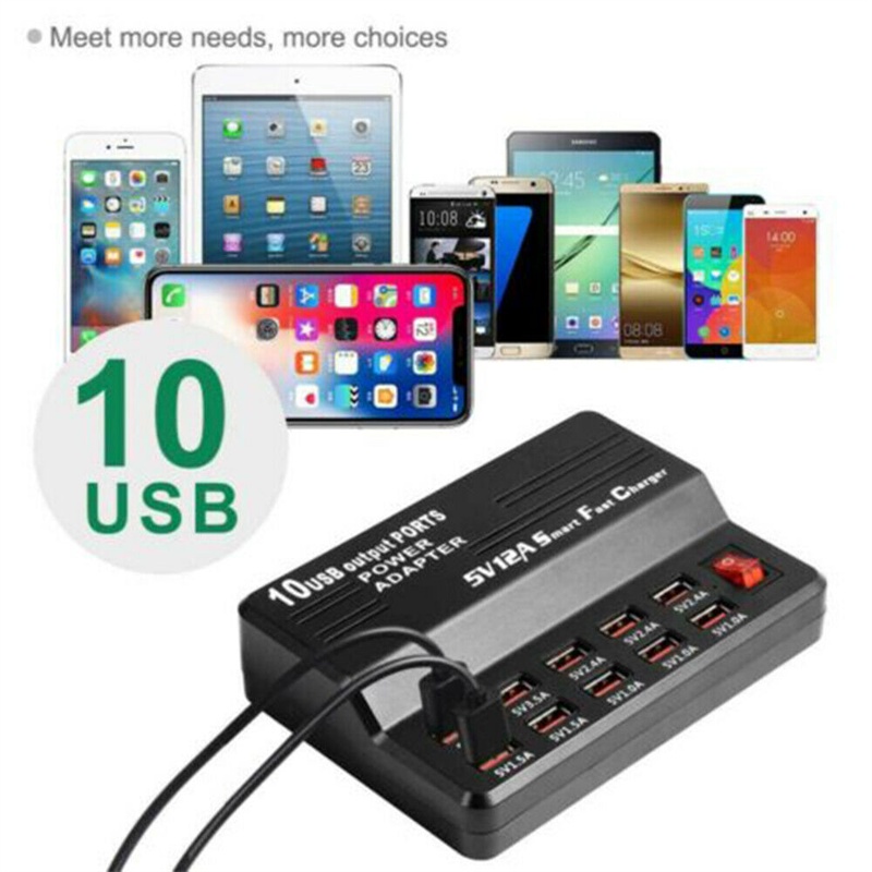 12A 10 Port Desktop USB Rapid Charger Station Wall HUB Charging Power Cable with Plug