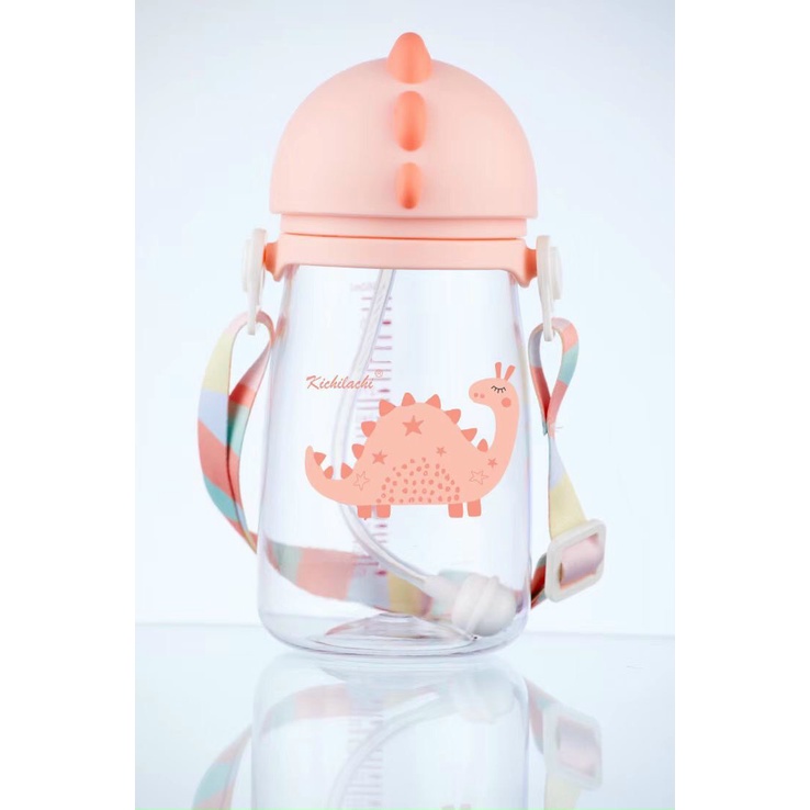 Bình Uống Nước Cho Bé Có Ống Hút Silicon Siêu Mềm Kichilachi Kèm Dây Đeo Dung Tích 350ml