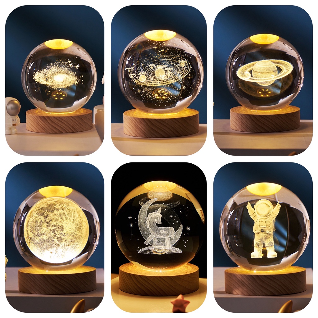 Đèn decor phòng ngủ quả cầu pha lê vũ trụ trang trí, đèn quả cầu để bàn làm việc phát sáng ban đêm