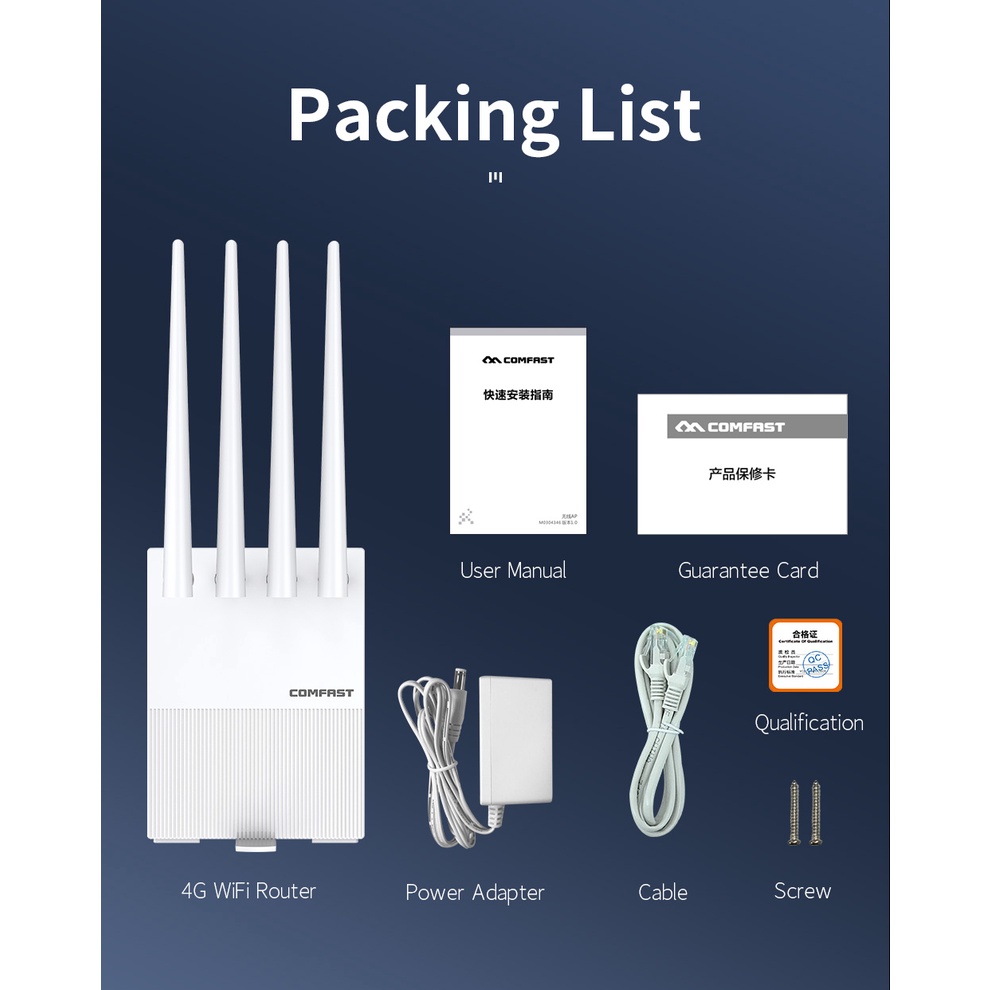Thiết Bị Phát Wifi Không Dây Comfast 300Mbps 2.4GHz CAT4 LTE 3G 4G Thẻ SIM CPE 4Antennas