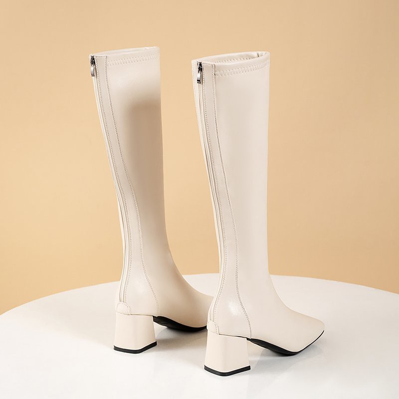 Giày bốt da cổ cao mũi vuông hai màu be / đen phong cách Anh Quốc thời trang cho nữ | BigBuy360 - bigbuy360.vn