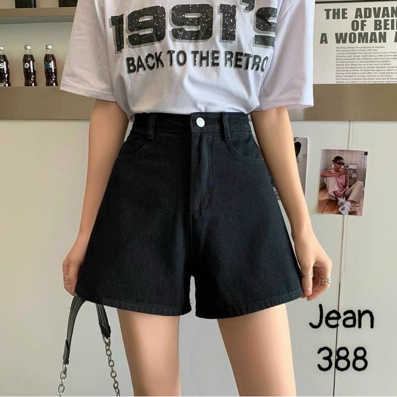 Quần short jean nữ ống rộng 1 khuy vải jean đen khói lạnh cực trend F63