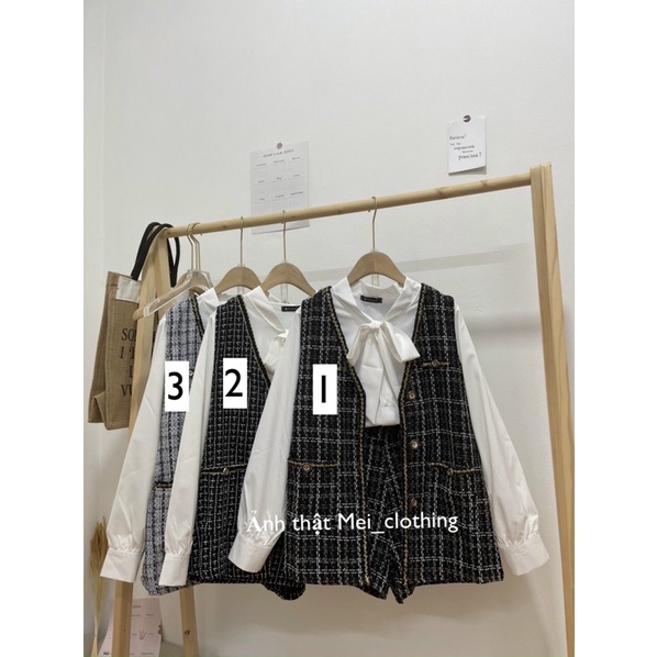 [ Ảnh thật/video] Set dạ tweed 3 món gồm quần short, áo gile và sơmi sang chảnh