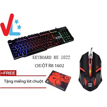 Combo Bàn Phím GAME Và Chuột Led 7 Màu R8 1822 - 1602 (Đen) + Tặng Kèm Tấm Lót Chuột - NK