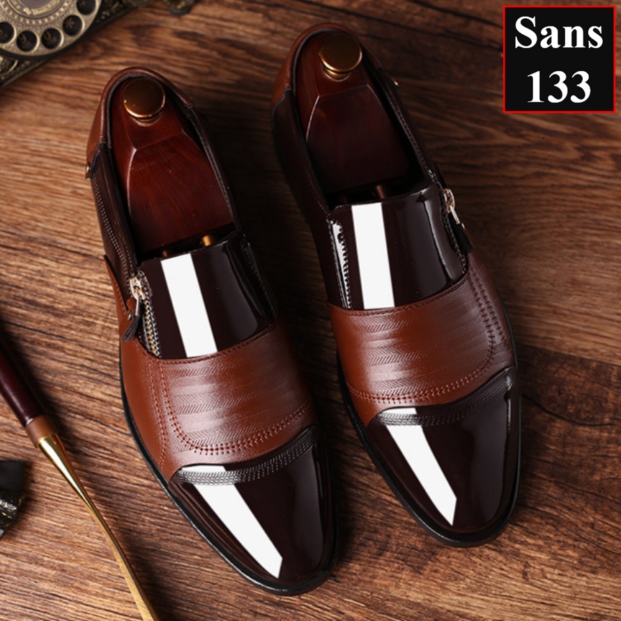 Giày tây nam đẹp Sans133 giầy da công sở mũi tròn nâu đen bóng to chân big size cỡ lớn 43 44 45 46 47 48