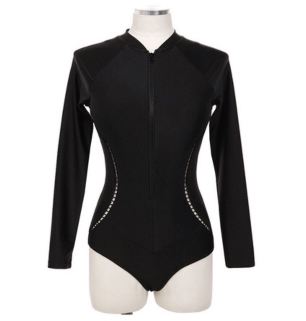 Bộ bơi bikini 1 mảnh dài tay kèm khoá kéo màu đen | BigBuy360 - bigbuy360.vn