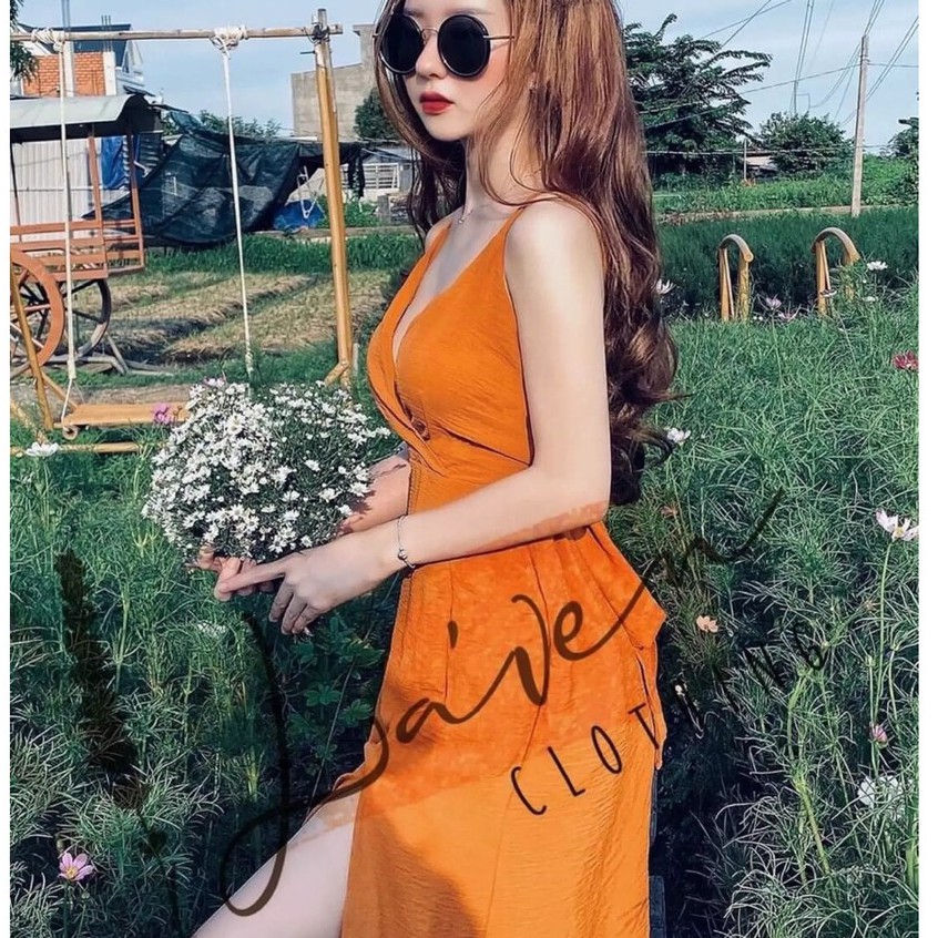 Đầm maxi [ LiSa99 ]  đi biển dài hai dây sau lưng cột nơ màu vàng anh kim