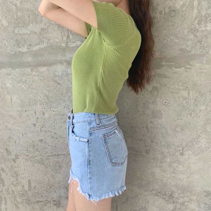 Áo Croptop Dệt Kim Tay Ngắn Cổ Tròn Màu Sắc Ngọt Ngào Thời Trang Mùa Hè Cho Nữ