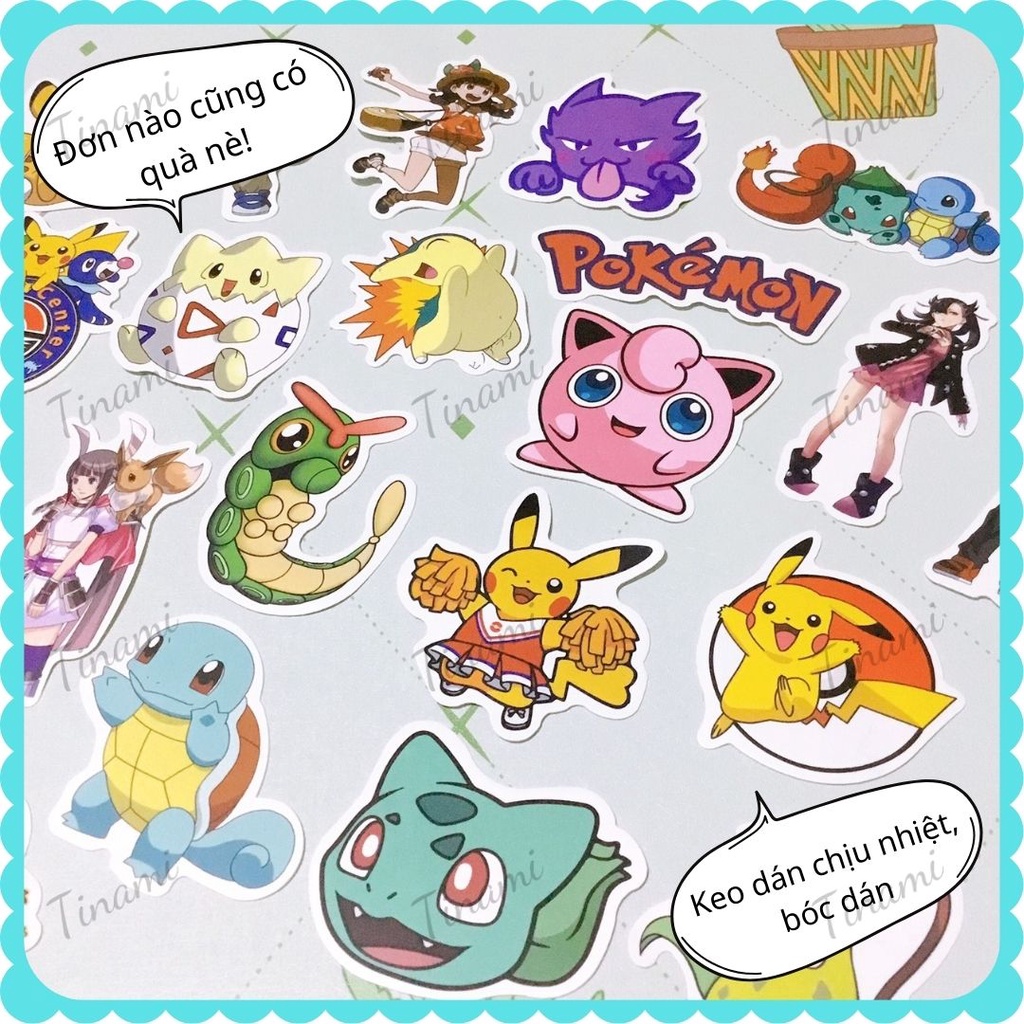 Bộ 50 Sticker Pokemon pikachu dễ thương hình dán chống nước dùng làm quà tặng, trang trí