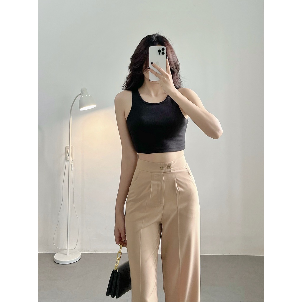 Quần suông nữ lưng cao HHVINTAGE kiểu 2 nút Mango Hàn co giãn Pant B07