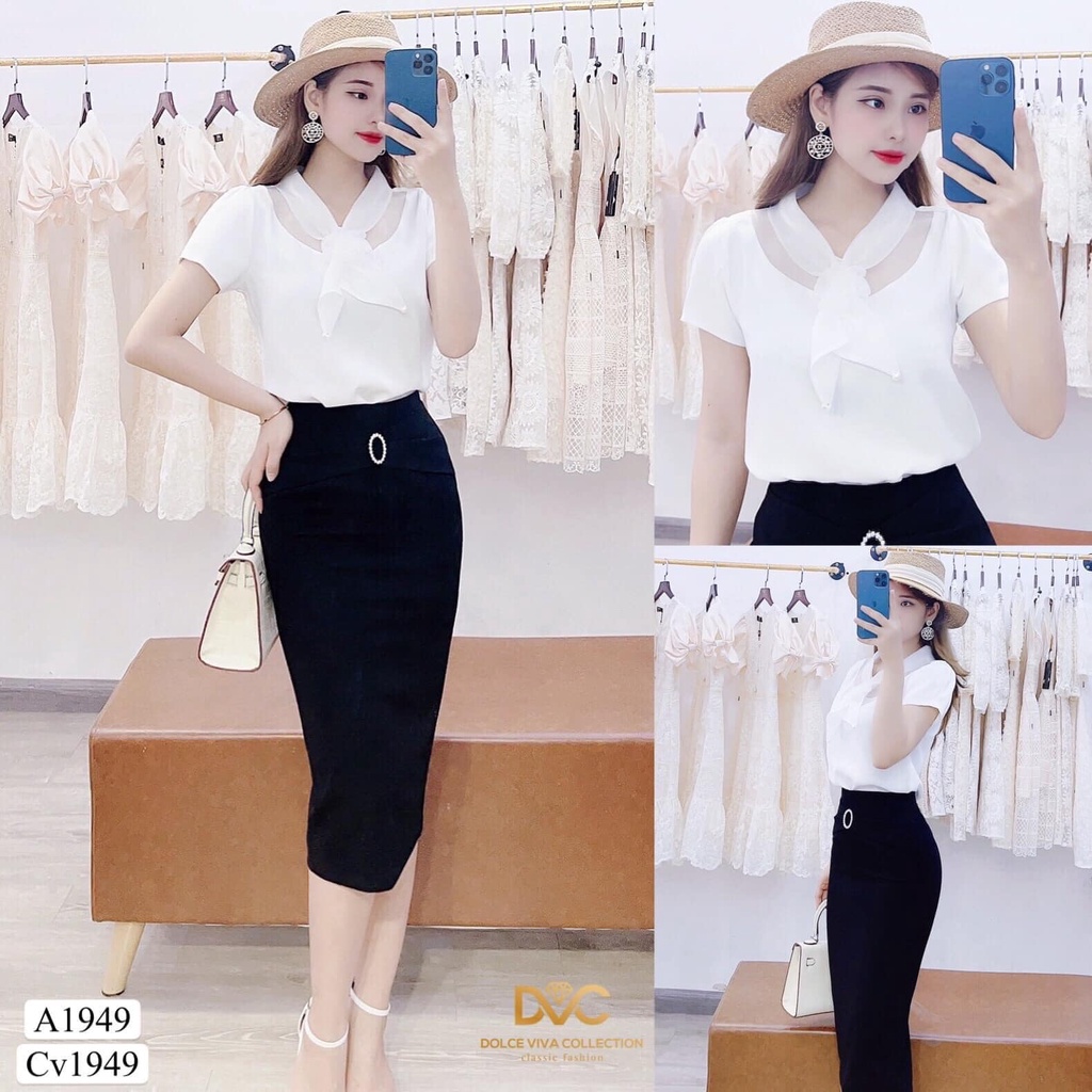 Set áo trắng nơ cổ chân váy bút chì S1949 - DVC phân phối chính thức( kèm ảnh thật shop tự chụp)