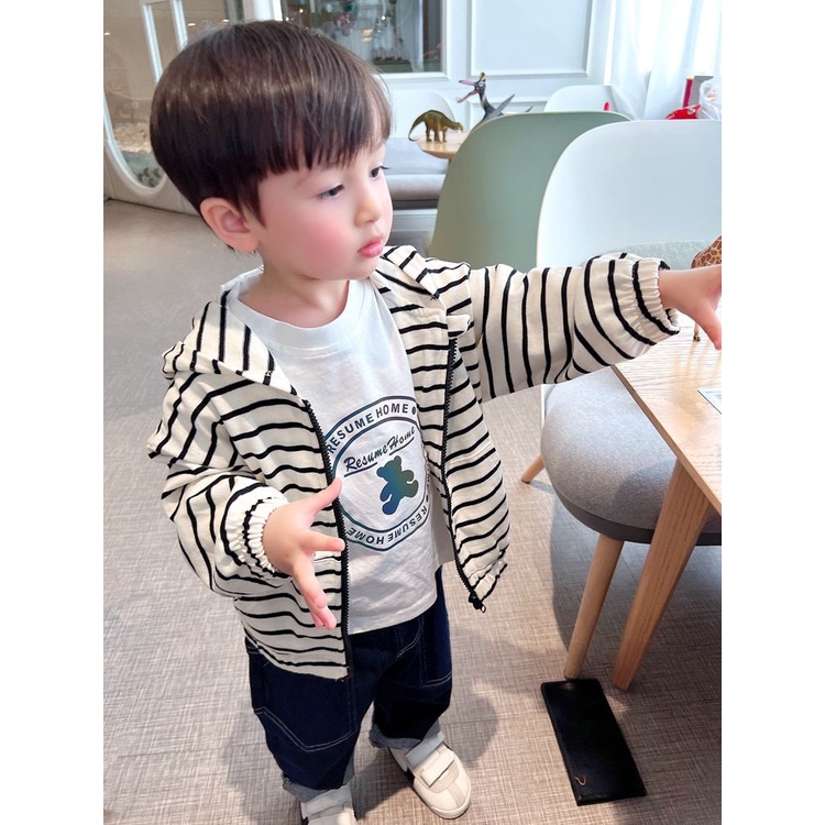 Áo Khoác Cardigan Có Nón Họa Tiết Kẻ Sọc Phong Cách Hàn Quốc Nhật Bản Mới 2022 Cho Bé Trai