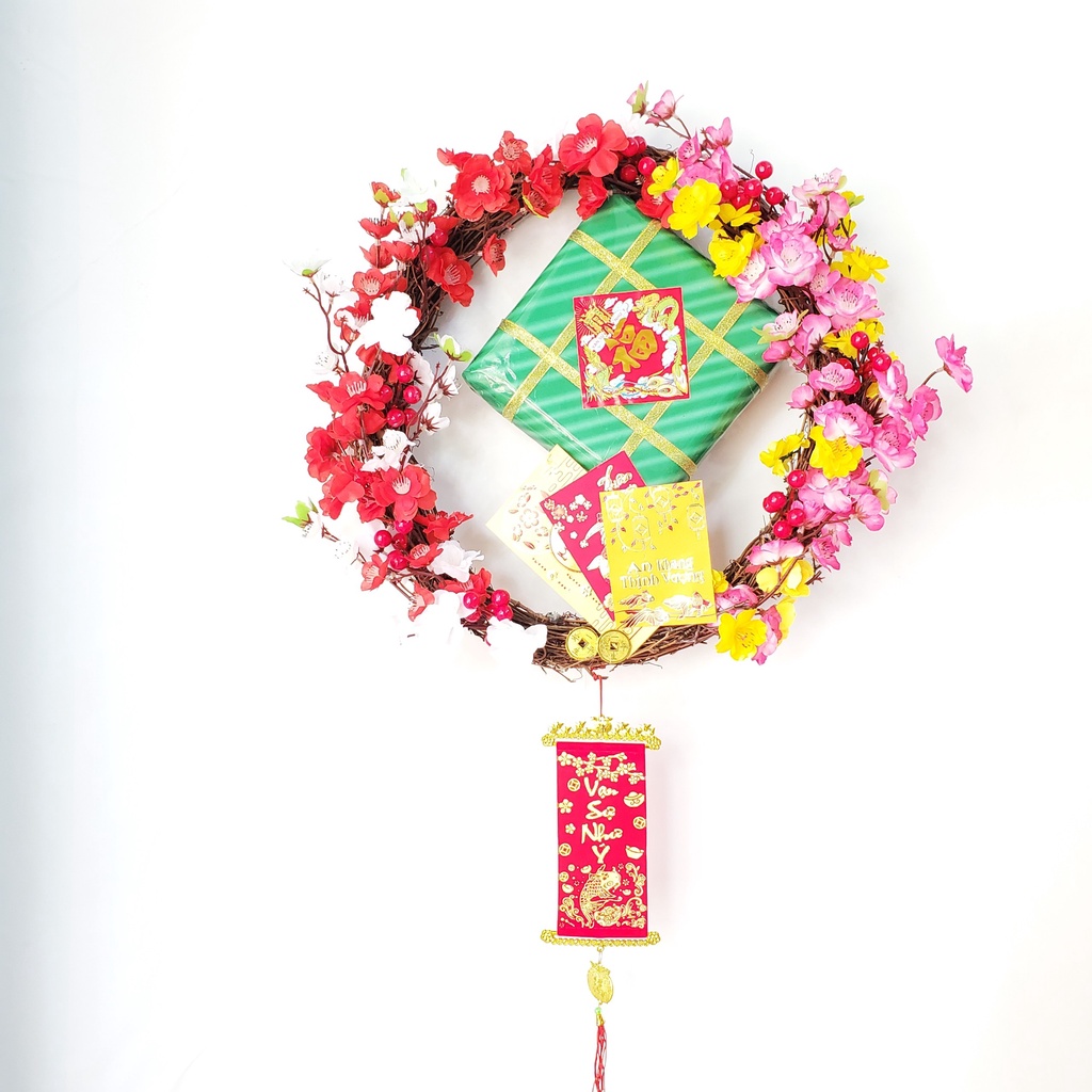 Vòng hoa mai đào trang trí tết mẫu H19 đường kính 40cm
