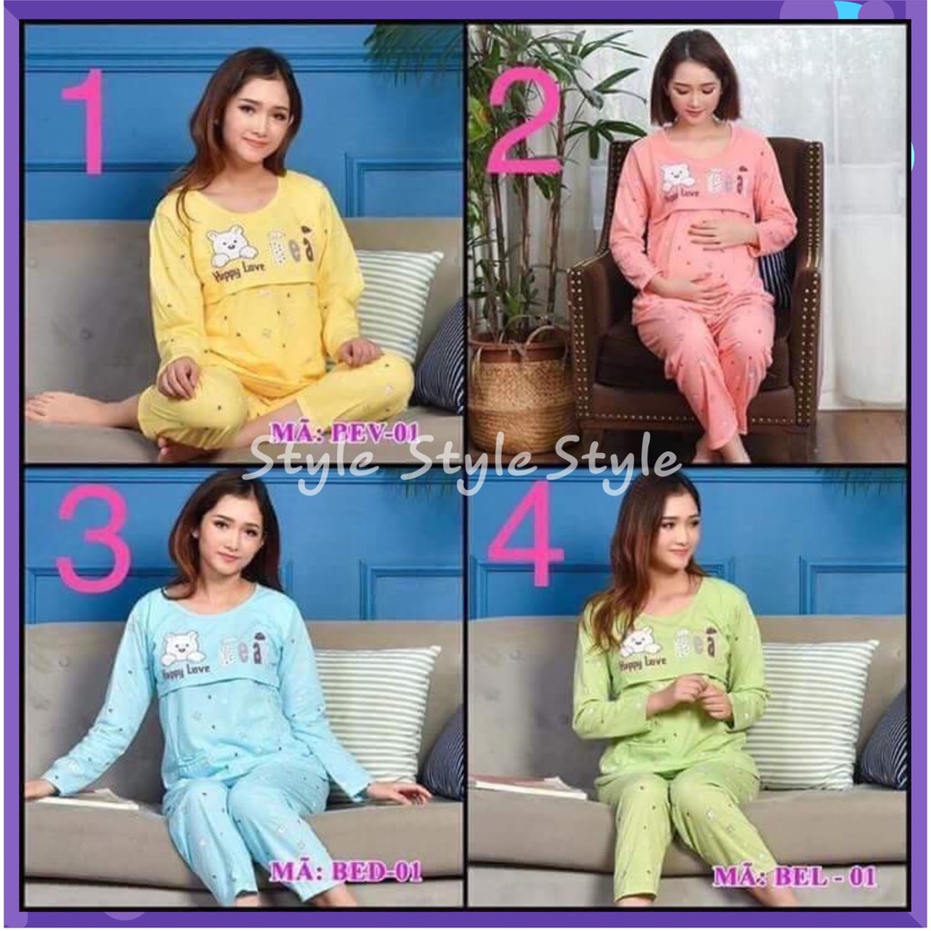 Bộ bầu GẤU dài cotton mặc cả bầu và sau sinh