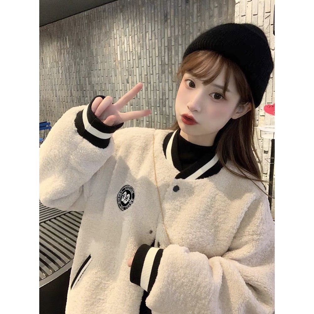 Áo Bomber Lông Cừu Thêu Chữ G G ❤ Áo Khoác Nữ Lông Dày Dặn Không Xù DH