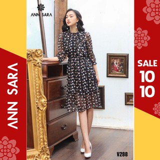 V288 - Đầm xòe tay lỡ nơ cổ chun eo hoa nhí nền đen