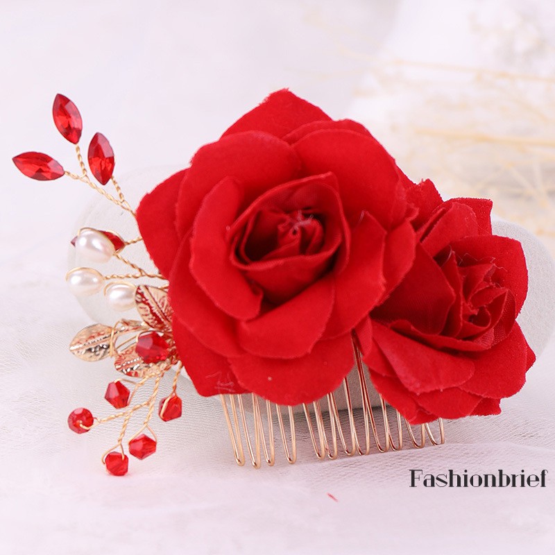 Lược cài tóc hình hoa hồng đính ngọc trai thanh lịch cho cô dâu