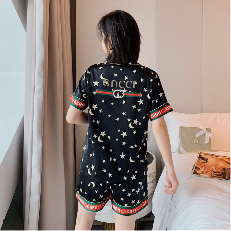 Bộ đồ pijama, bộ lụa satin cộc đùi mềm mịn, thoáng mát hoạ tiết trăng sao siêu xinh